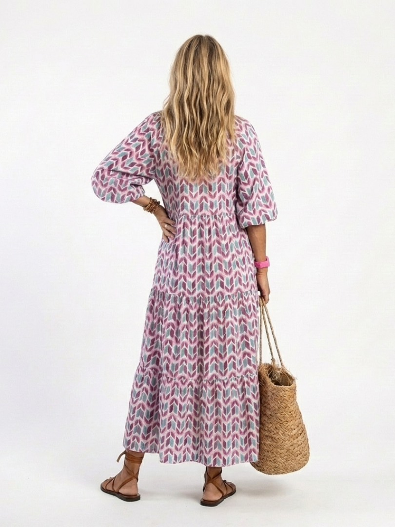 Mireya | Tiered Midi Dress with Geometric Print and Long Sleeves