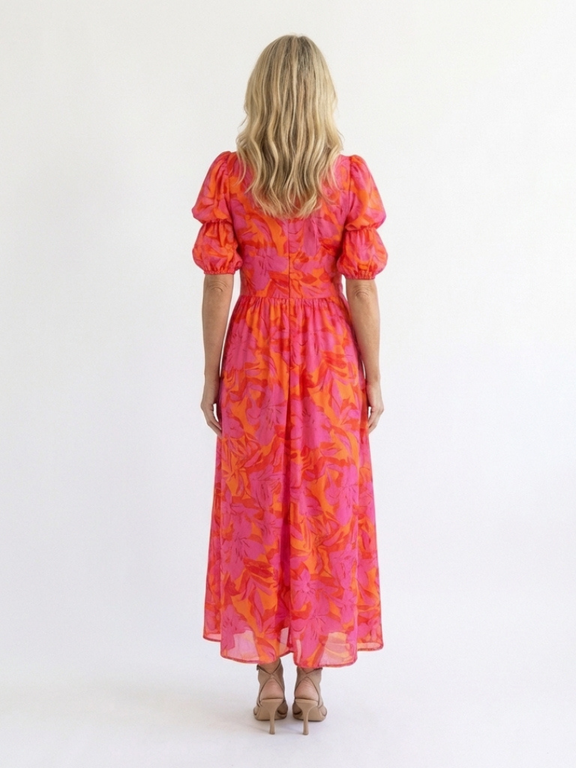 Willow | Midi Dress with Floral Print and V-Neck Puff Sleeves