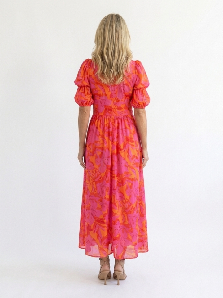 Willow | Midi Dress with Floral Print and V-Neck Puff Sleeves