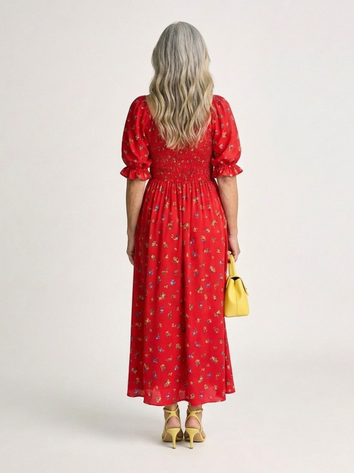 Delphine | Floral Midi Dress with Square Neck and Puff Sleeves