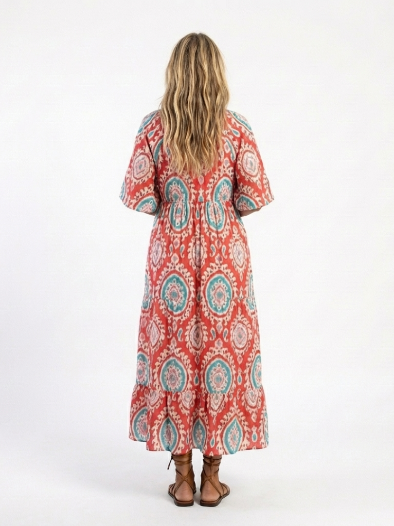 Zaria | V-Neck Midi Dress with Paisley Print and Short Sleeves