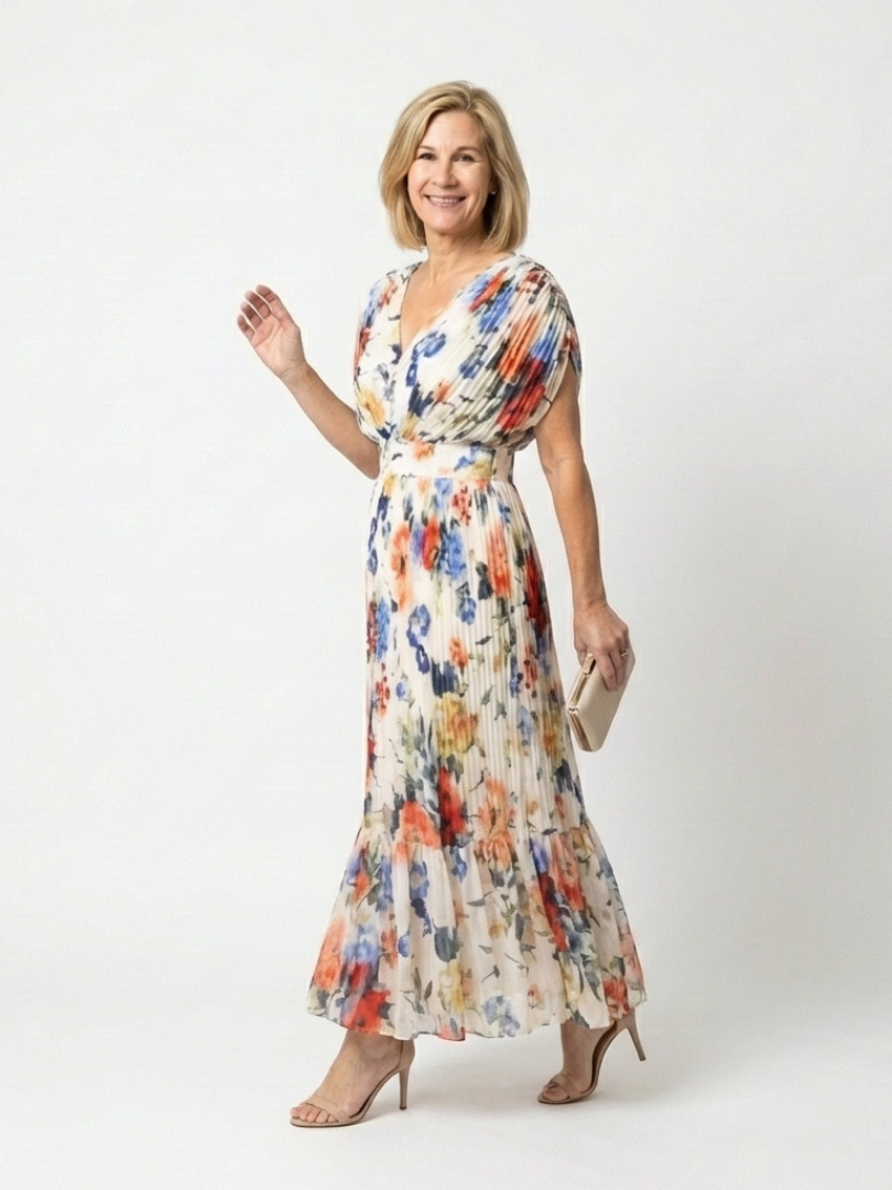 Savannah | Floral Midi Dress with Short Sleeves and Pleated Design