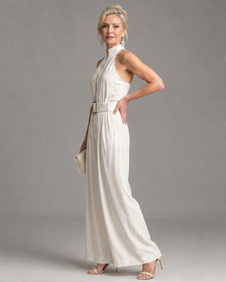 Astrielle | Sleeveless Wide Leg Jumpsuit with Belted High Neck