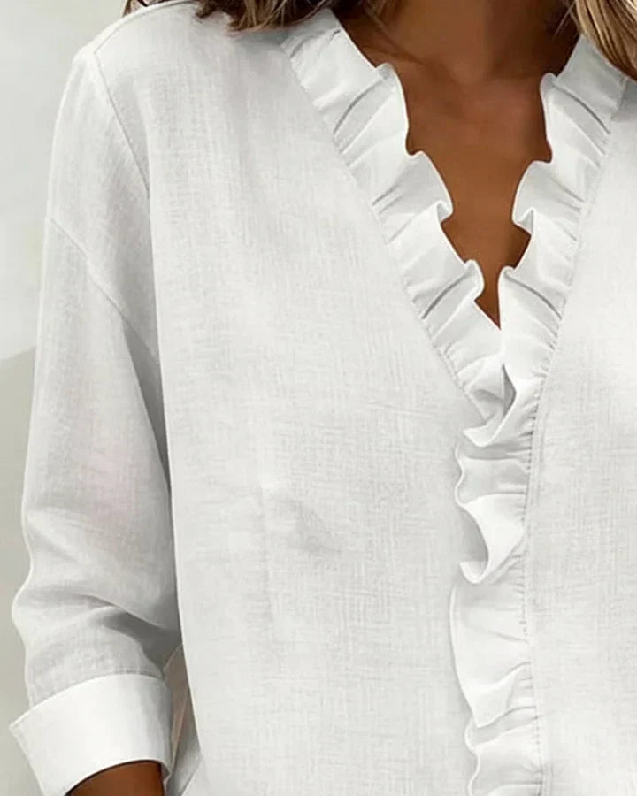 Indie Ruffled Blouse with V-Neck and Long Sleeves