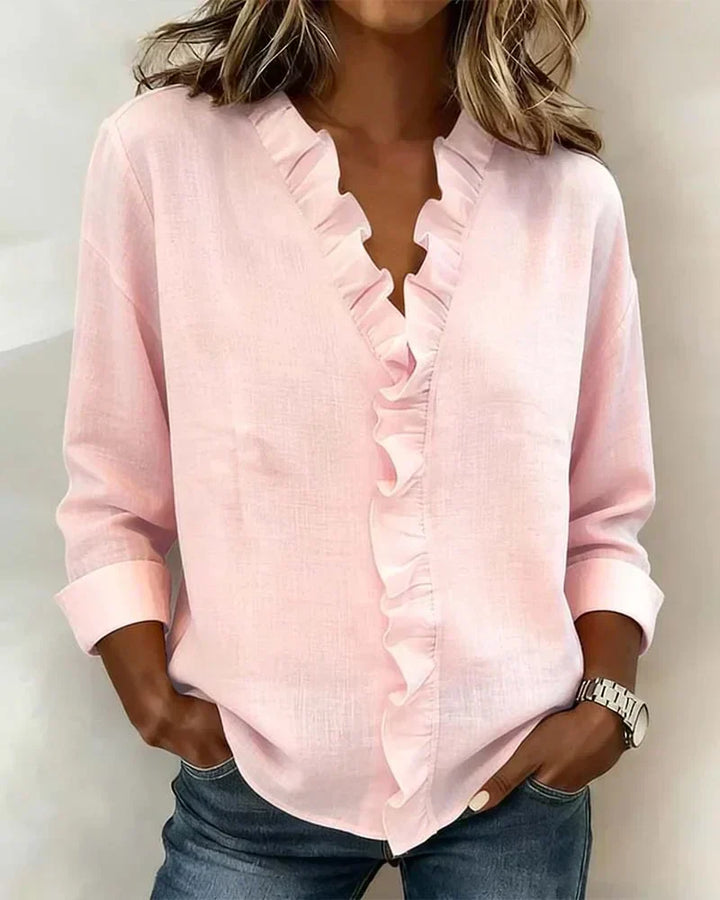 Indie Ruffled Blouse with V-Neck and Long Sleeves