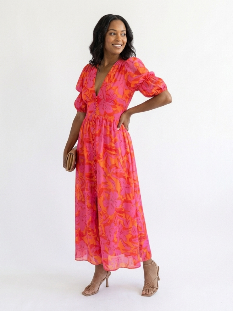 Stella & Grace™ | Floral V-Neck Midi Dress with Puff Sleeves