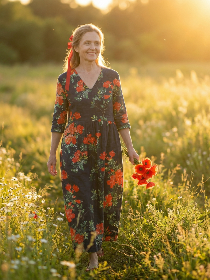 Cyrus | Serene Floral Midi Dress with Flowing Drape