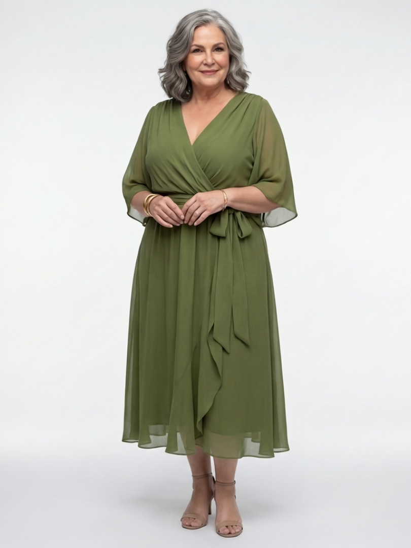 Elysia | Midi Dress with V-Neck and Draped Waist Tie