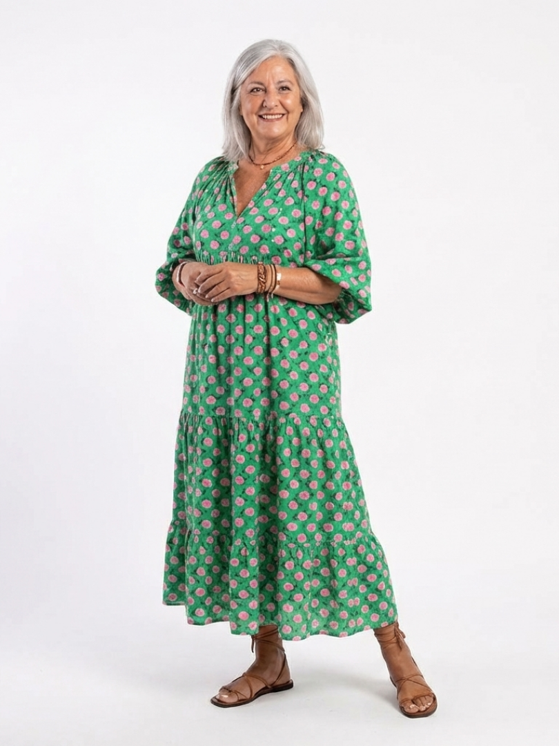 Fiora | V-Neck Midi Dress with Floral Print and Tiered Design