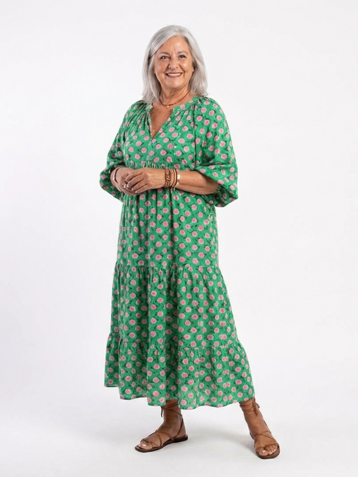 Fiora | V-Neck Midi Dress with Floral Print and Tiered Design