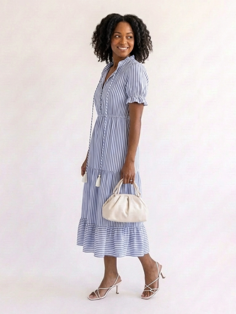 Dakota | Striped Tiered Midi Dress with Short Sleeves