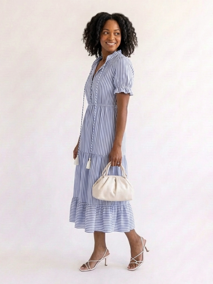 Dakota | Striped Tiered Midi Dress with Short Sleeves