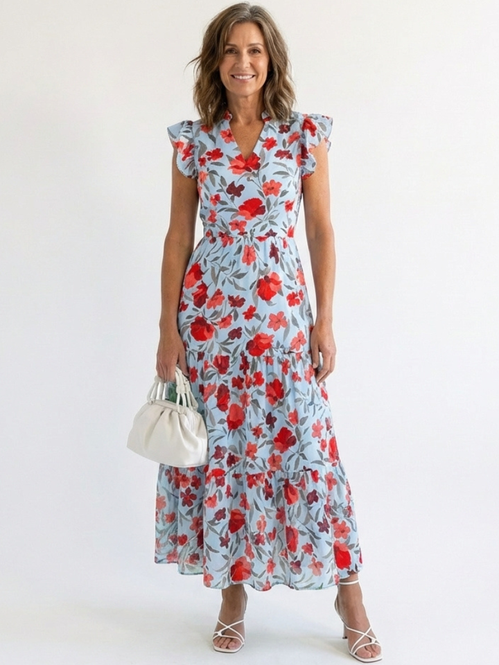 Lila | Tiered Midi Dress with Floral V-Neck Design