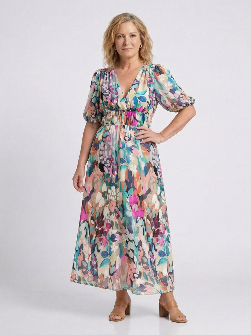 Eulalie | V-Neck Short Sleeve Midi Dress with Gathered Waist
