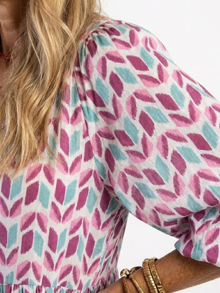 Mireya | Tiered Midi Dress with Geometric Print and Long Sleeves