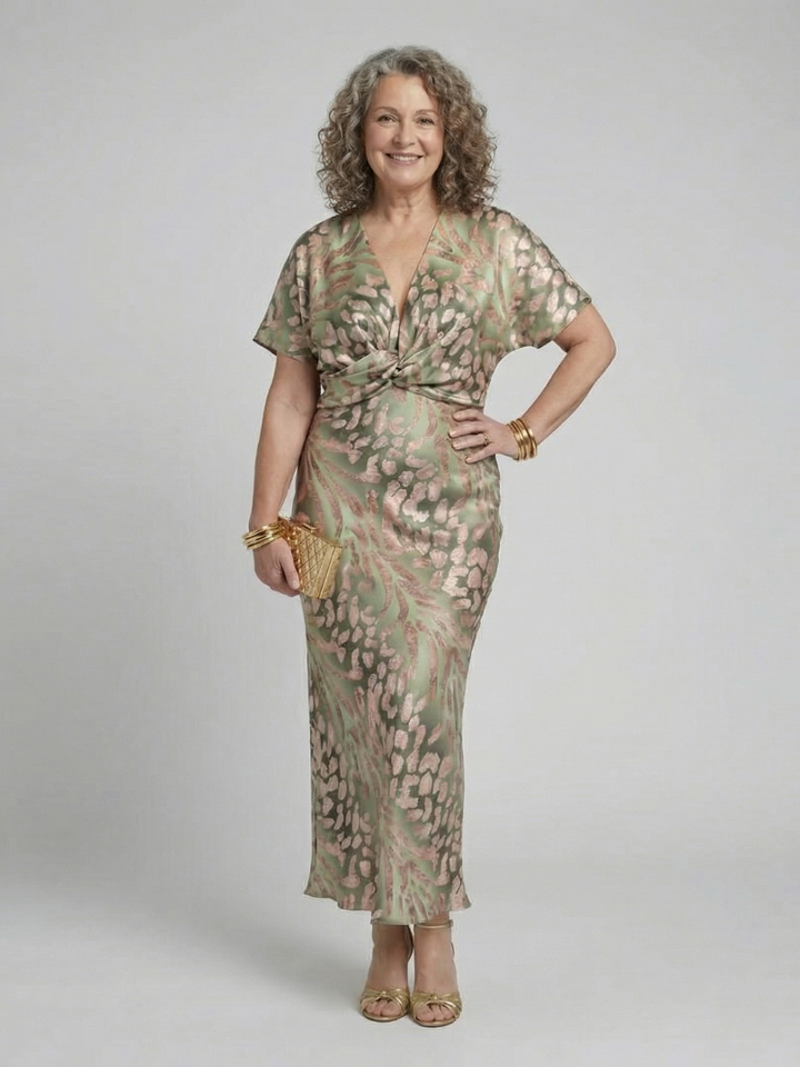 Coralie | Abstract Print V-Neck Midi Dress with Twist Waist