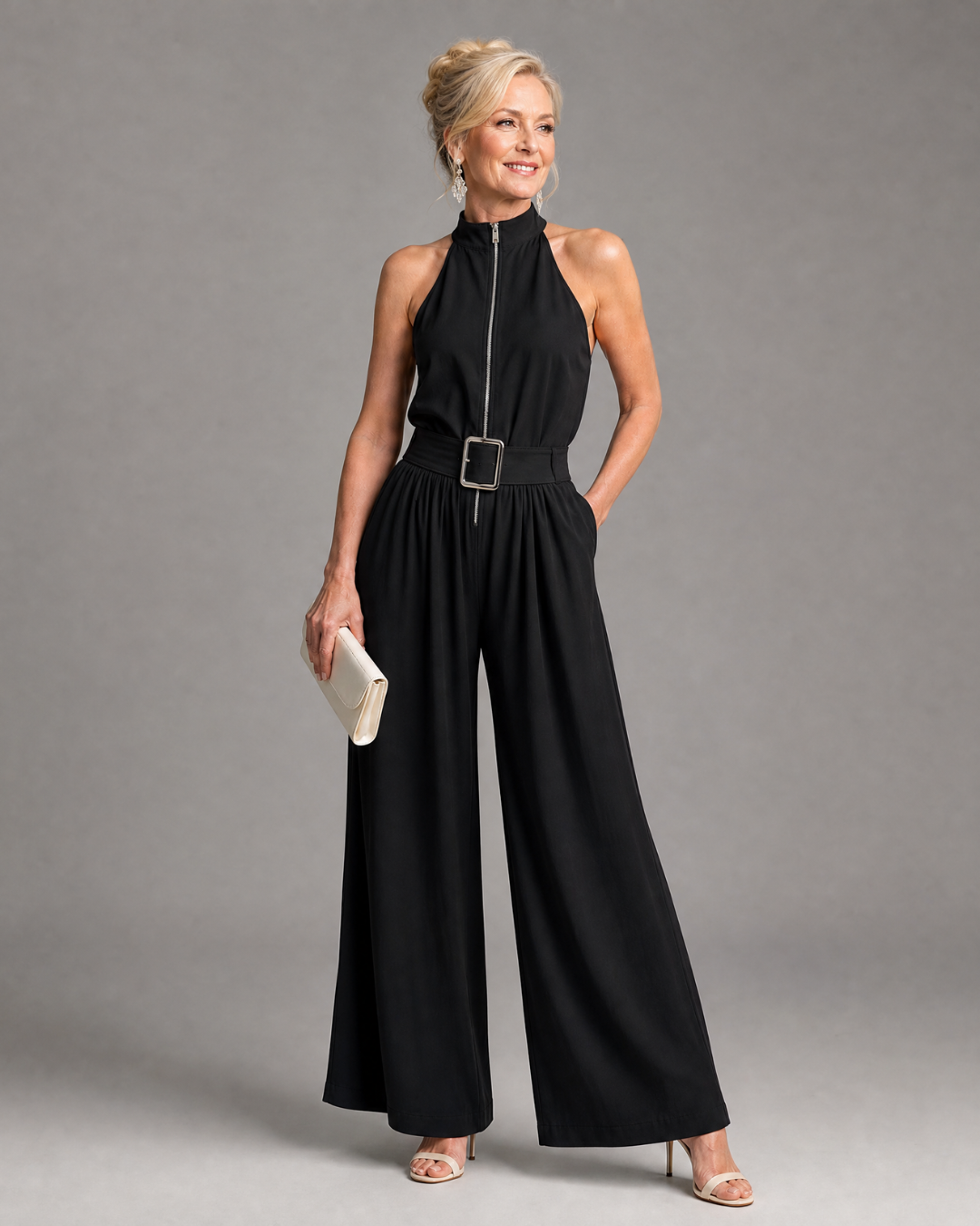 Astrielle | Sleeveless Wide Leg Jumpsuit with Belted High Neck