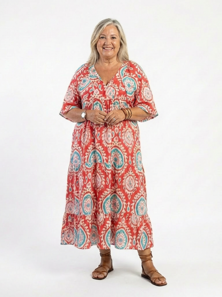 Zaria | V-Neck Midi Dress with Paisley Print and Short Sleeves