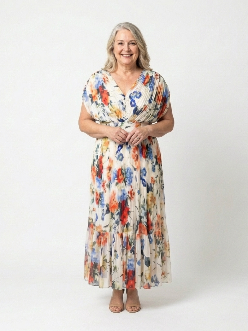 Savannah | Floral Midi Dress with Short Sleeves and Pleated Design