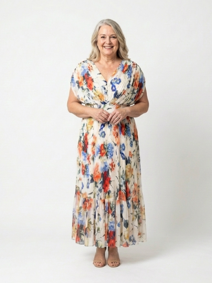 Savannah | Floral Midi Dress with Short Sleeves and Pleated Design