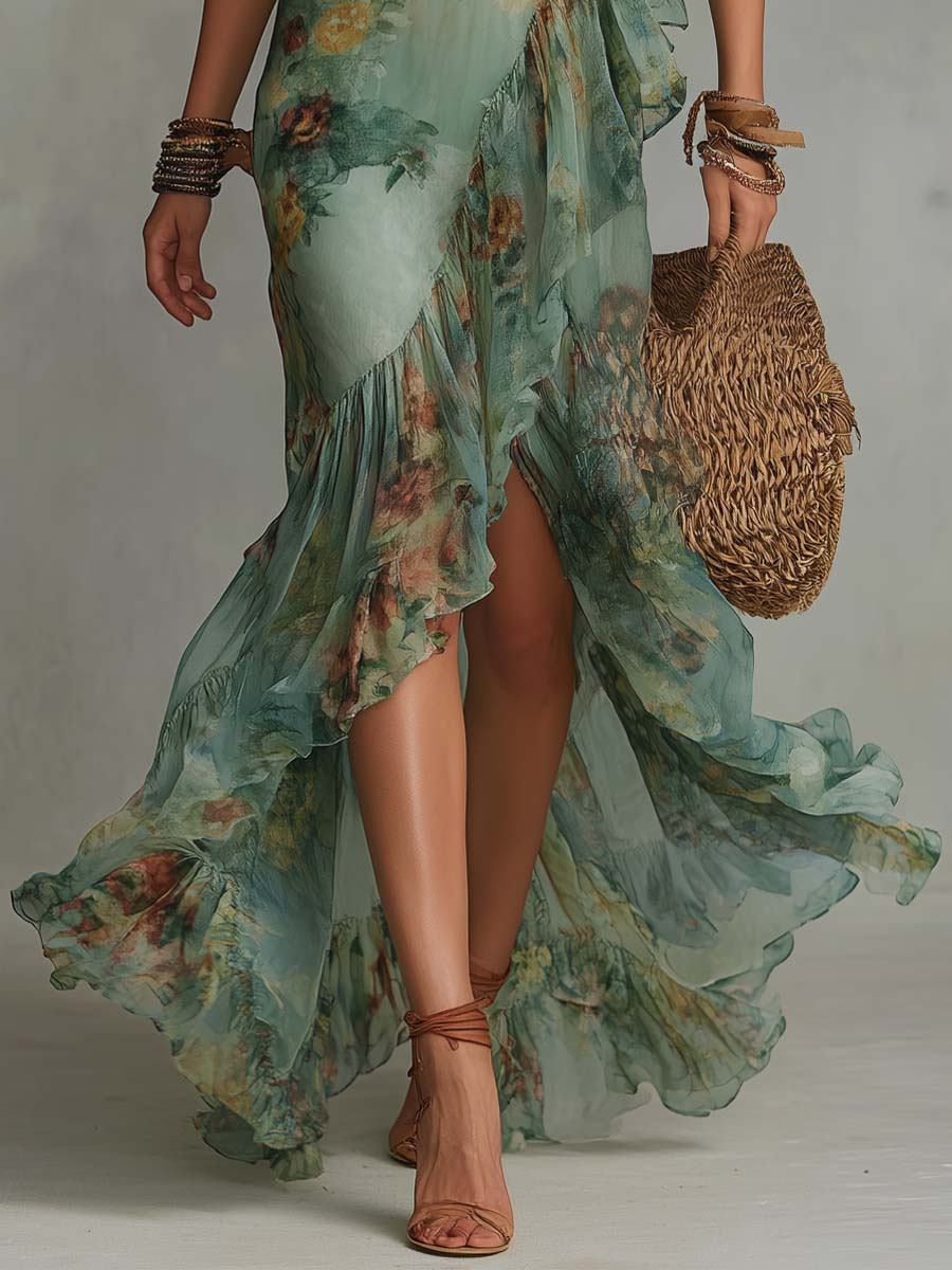 Aurora – Bohemian Floral Maxi Dress with Elegant Asymmetrical Hem