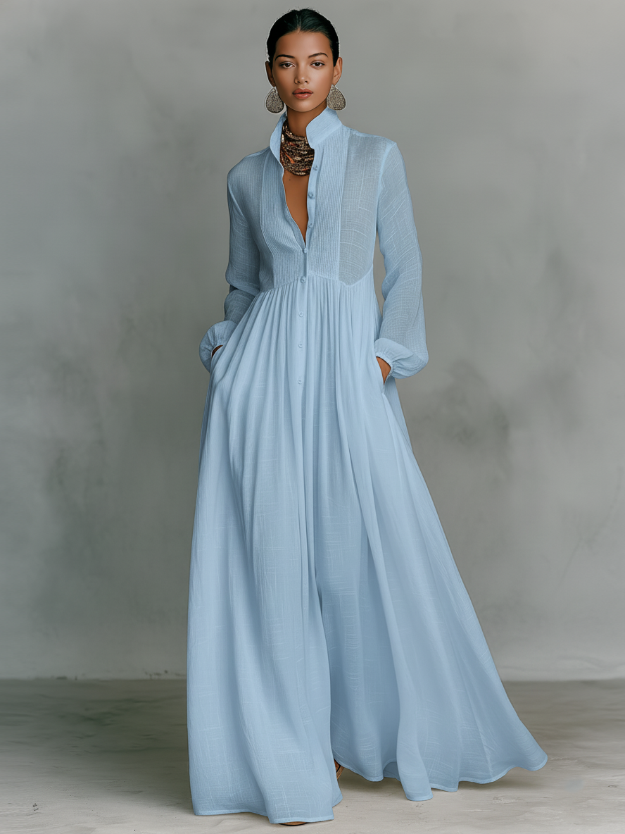 ESSENTIAL - Cotton & Linen Maxi Minimalist Dress with Patchwork, High Collar, and Long Sleeves
