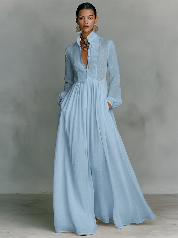ESSENTIAL - Cotton & Linen Maxi Minimalist Dress with Patchwork, High Collar, and Long Sleeves