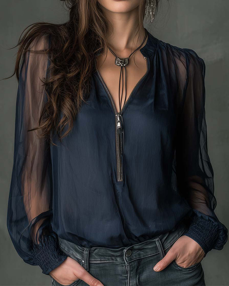 Helen | Long Sleeve Knit Blouse with Half-Zip