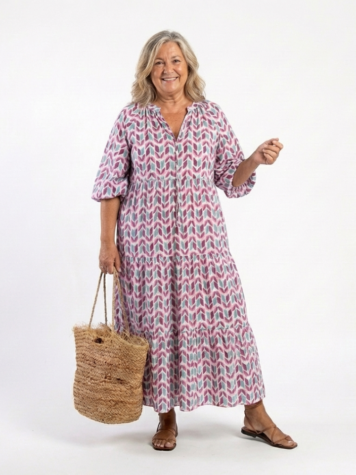 Mireya | Tiered Midi Dress with Geometric Print and Long Sleeves
