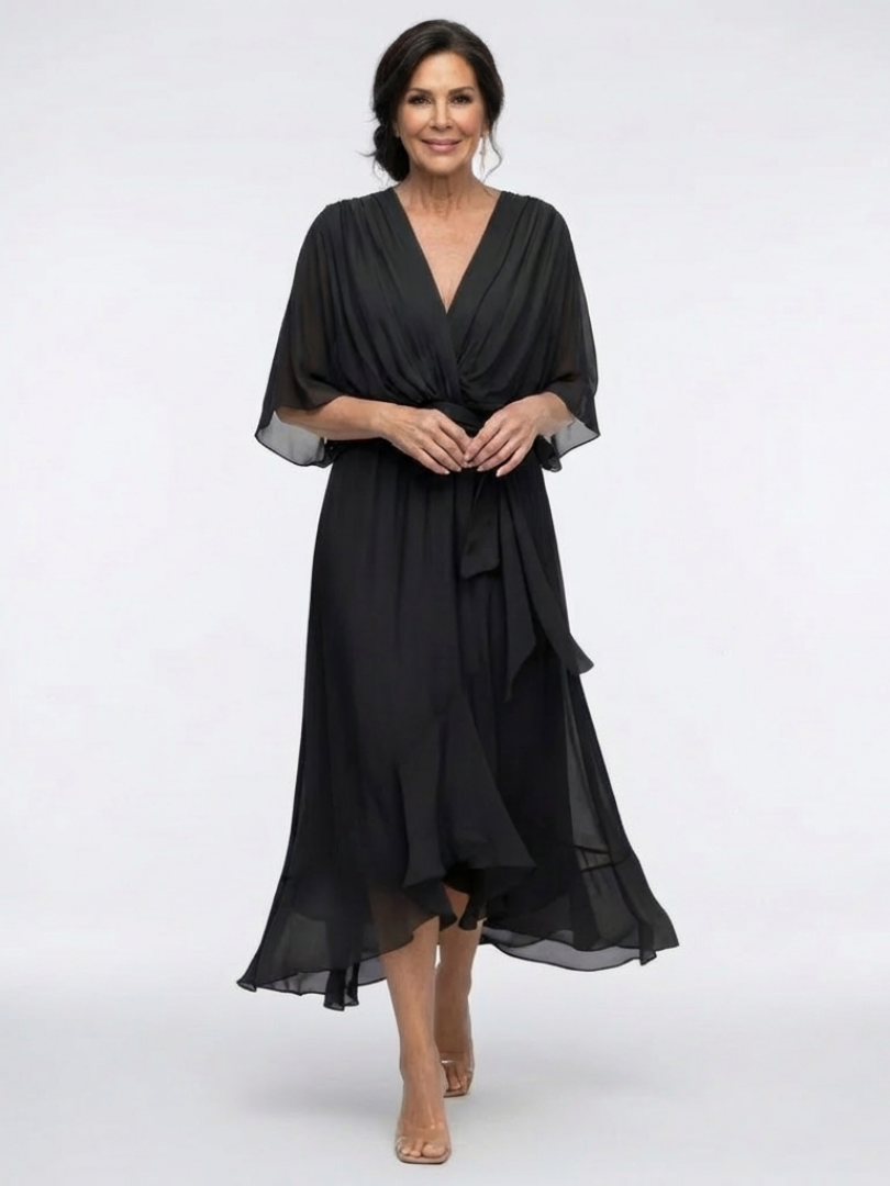 Elysia | Midi Dress with V-Neck and Draped Waist Tie