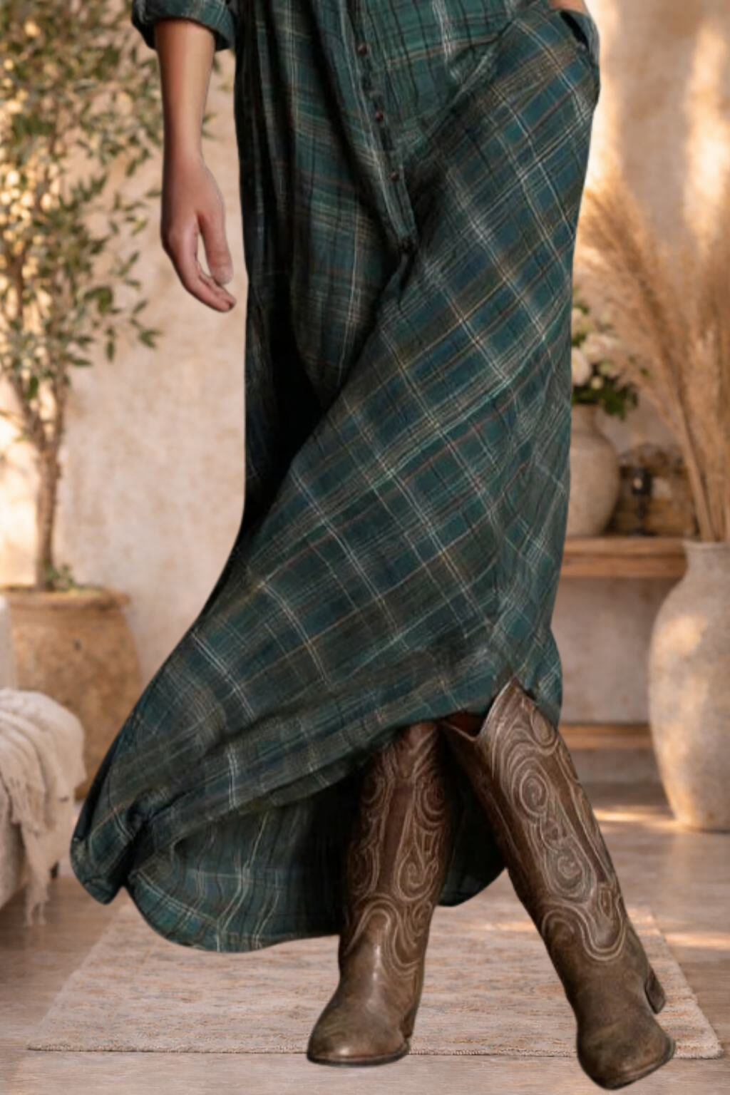 Fiona | Plaid Button-Front Long Sleeve Maxi Dress
