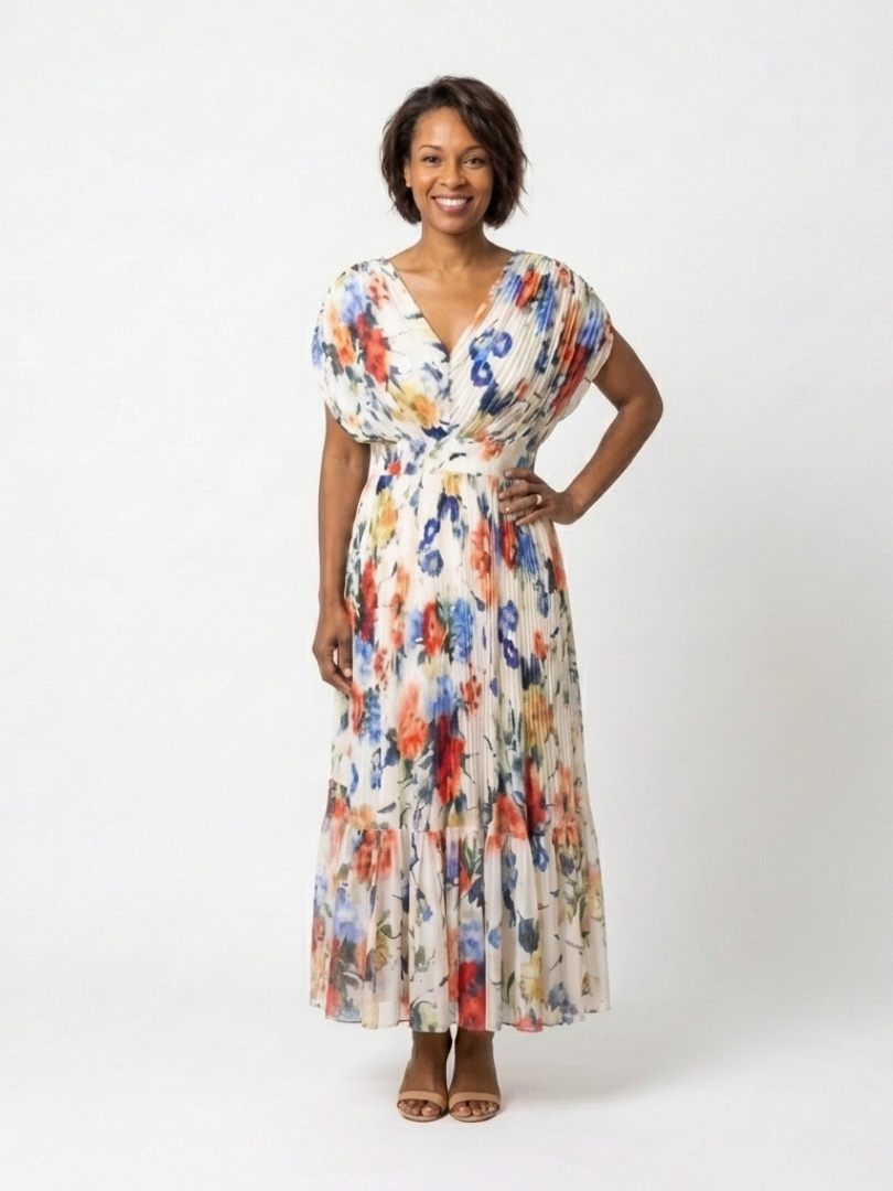 Savannah | Floral Midi Dress with Short Sleeves and Pleated Design