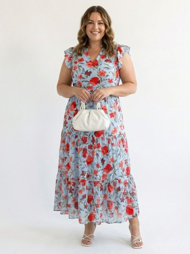 Lila | Tiered Midi Dress with Floral V-Neck Design