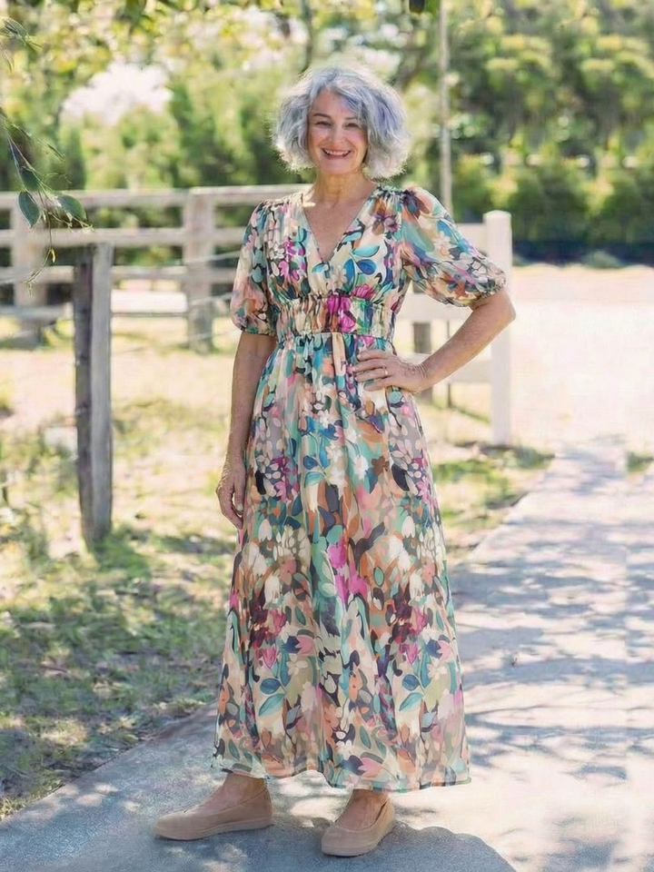 Eulalie | V-Neck Short Sleeve Midi Dress with Gathered Waist