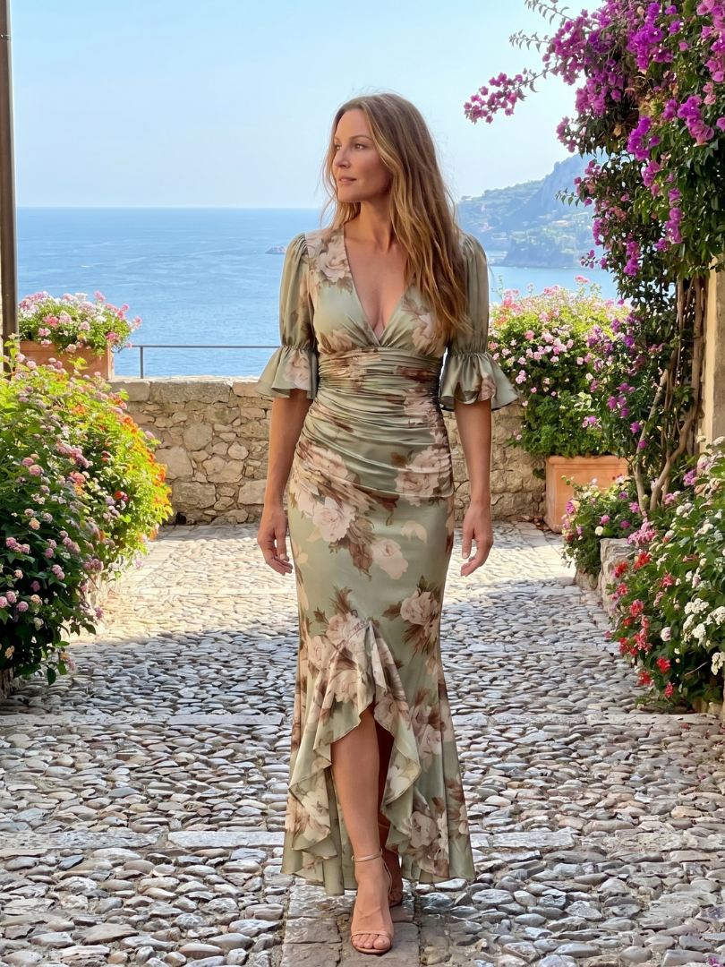 Palm | Midi Dress with Short Sleeves and Ruched Waist in V-Neck Style