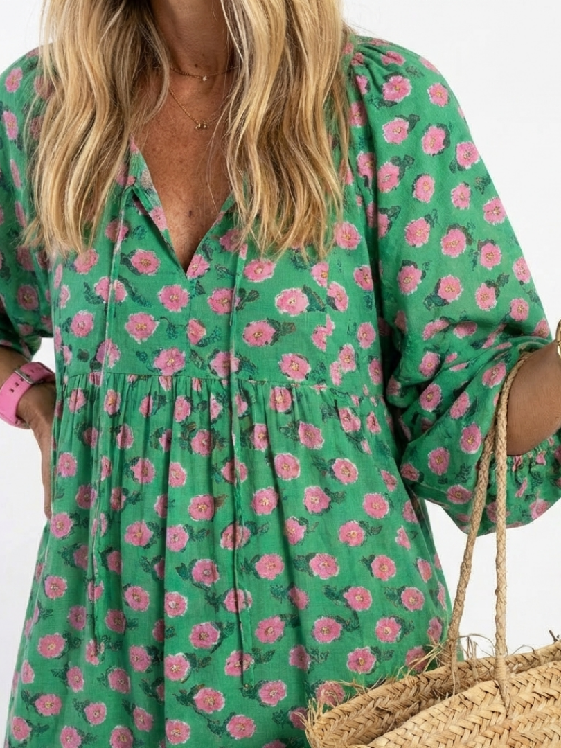 Fiora | V-Neck Midi Dress with Floral Print and Tiered Design