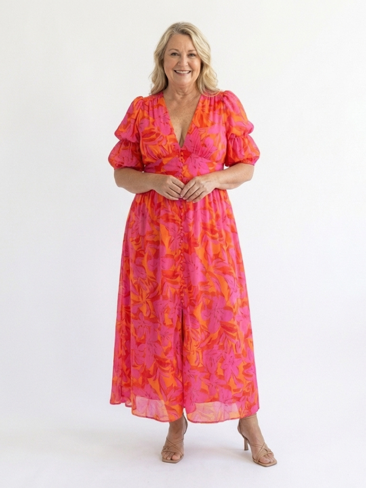 Stella & Grace™ | Floral V-Neck Midi Dress with Puff Sleeves