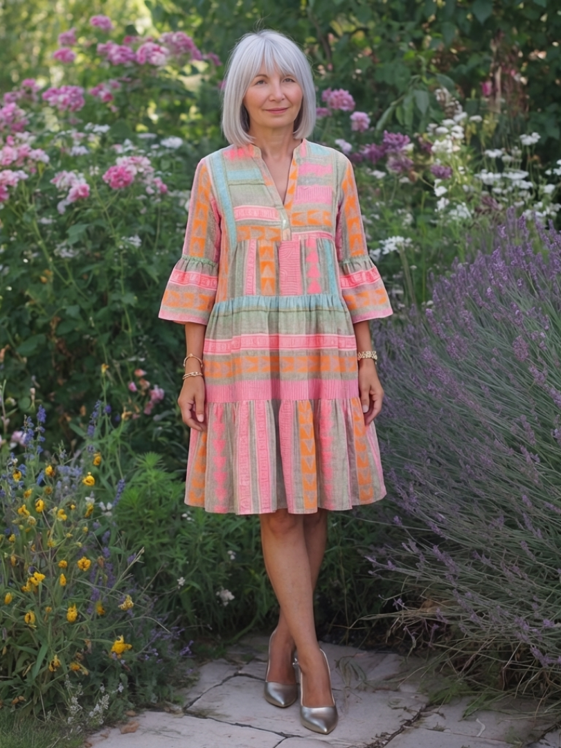 Maelle | V-Neck Tiered Dress with Geometric Print - Knee Length