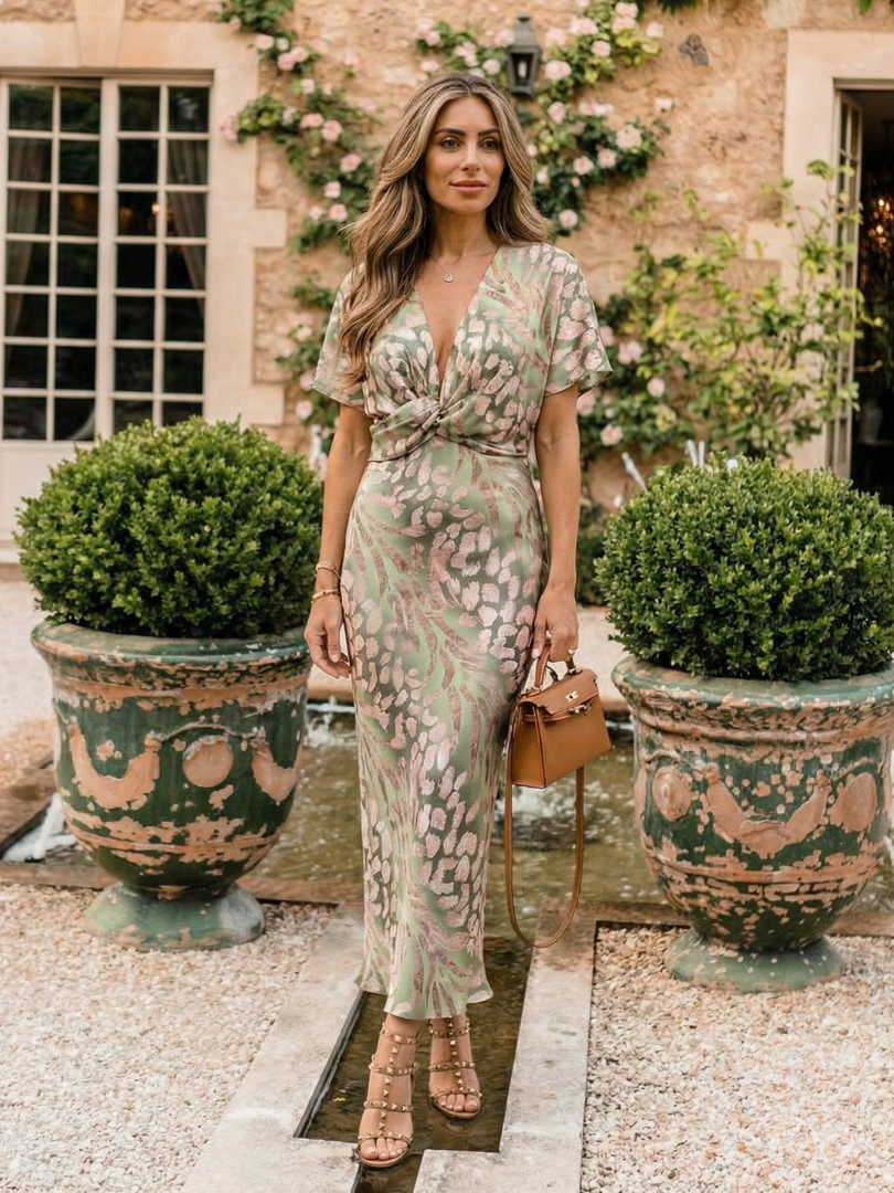 Stella & Grace™ | Abstract Print V-Neck Midi Dress with Twist Waist