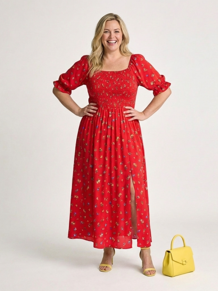 Delphine | Floral Midi Dress with Square Neck and Puff Sleeves