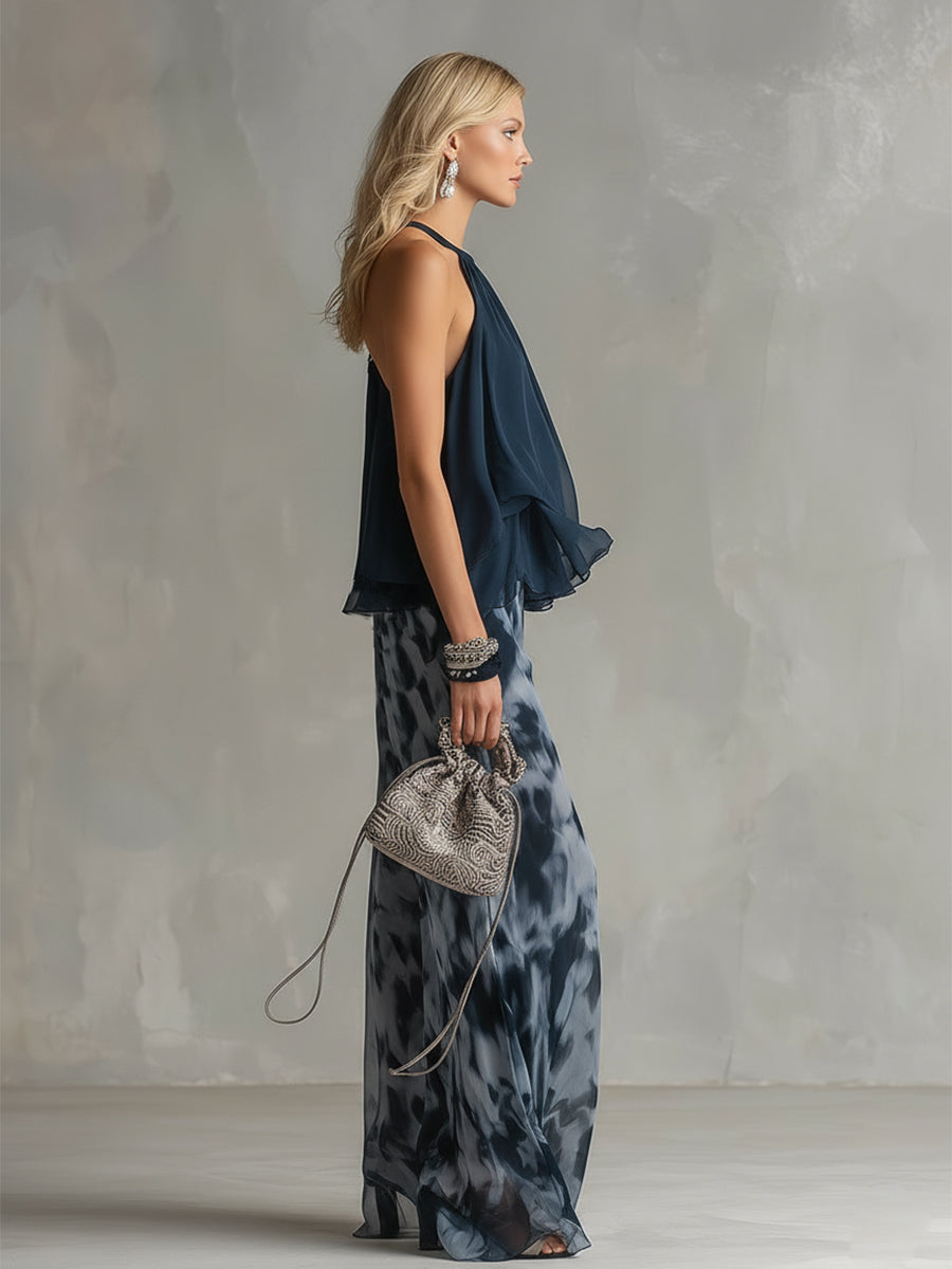 ESSENTIAL - Ludovica: Chic Chiffon Ensemble with High-Neck Top and Flowing Printed Trousers