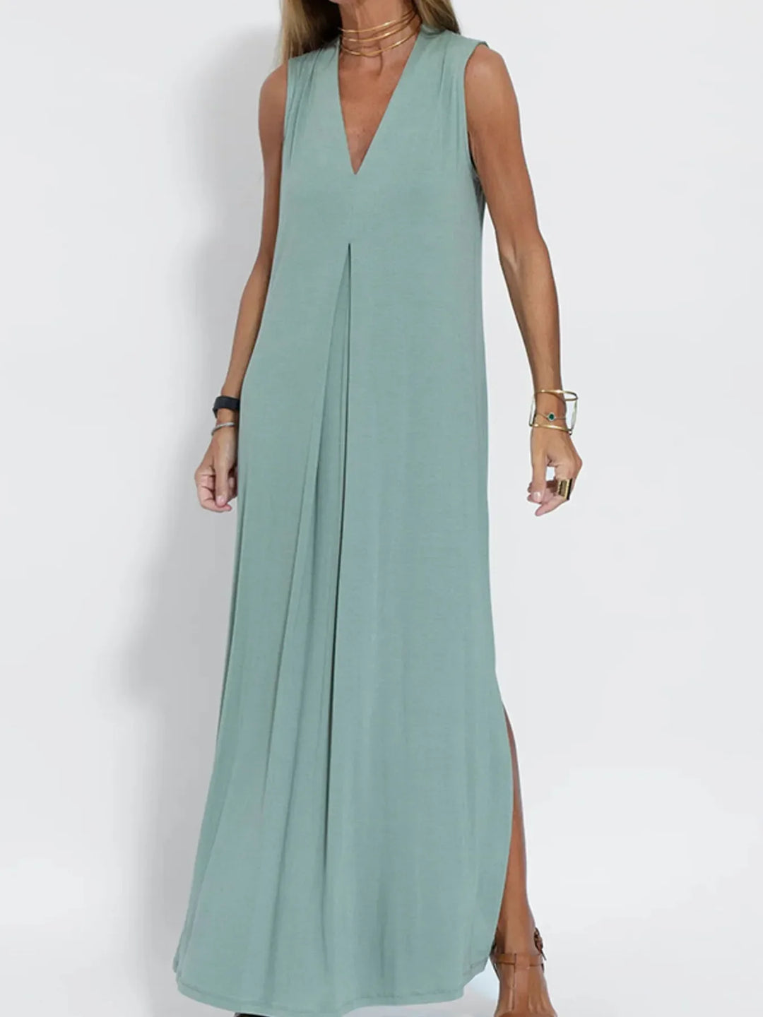 Plus Size Sleeveless Maxi Dress with V-Neck and Side Slit