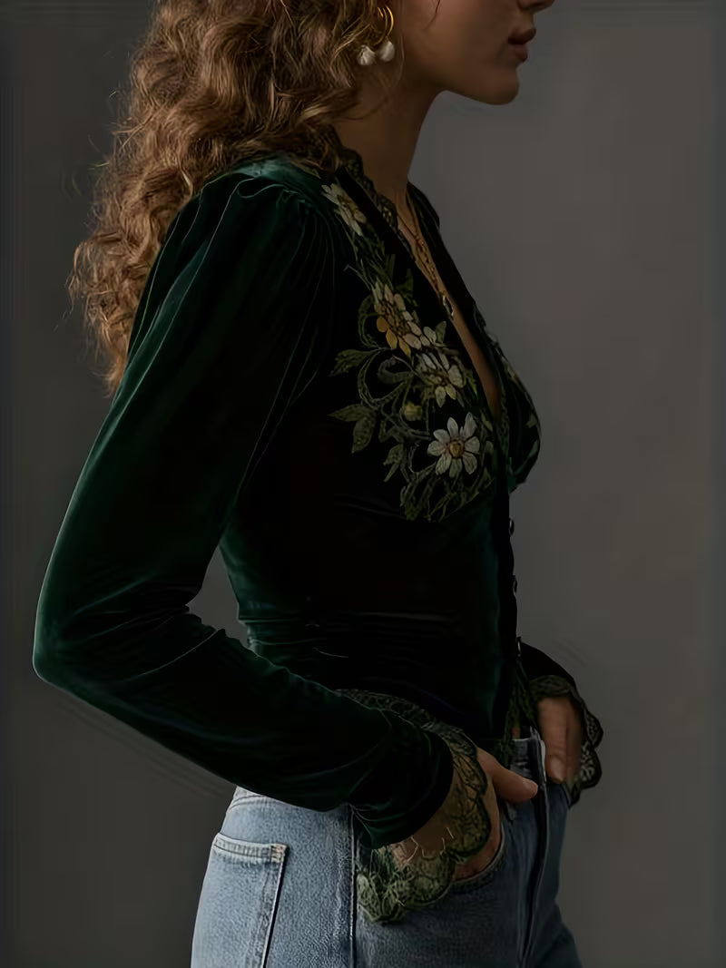 Nora | Embroidered Floral Velvet Blouse with Long Sleeves