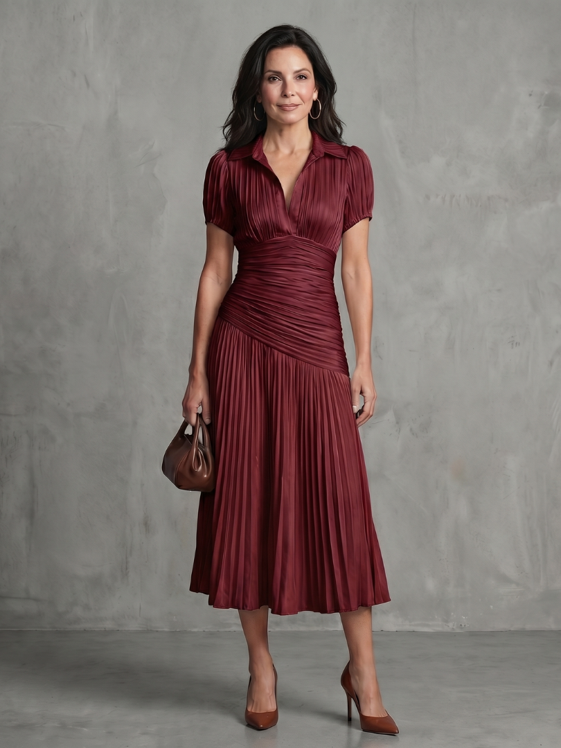 Theodora | Striped Midi Dress with Pleated Waistline