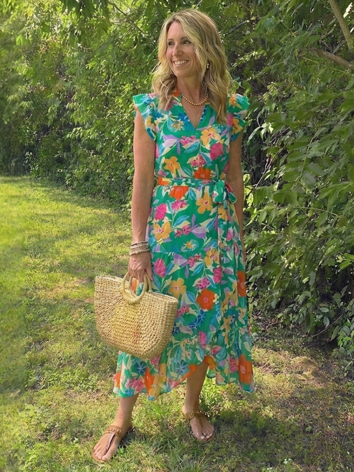 Lila | Tiered Midi Dress with Floral V-Neck Design