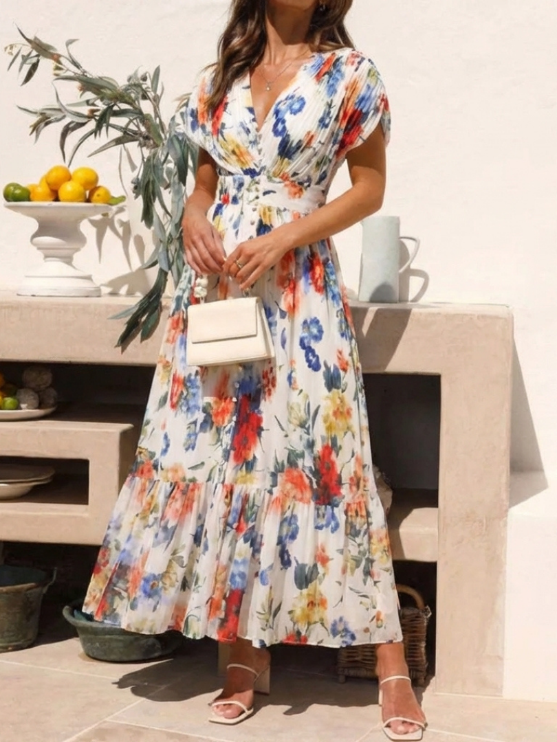 Savannah | Floral Midi Dress with Short Sleeves and Pleated Design