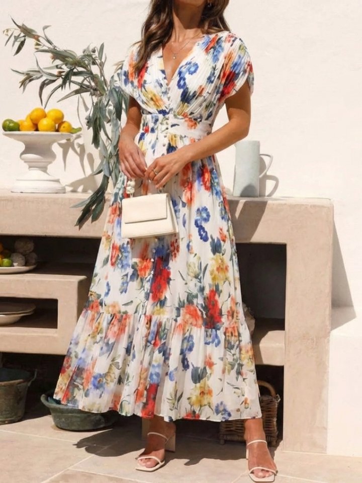 Savannah | Floral Midi Dress with Short Sleeves and Pleated Design