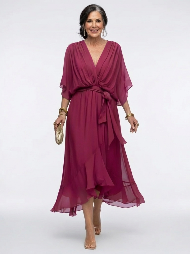Elysia | Midi Dress with V-Neck and Draped Waist Tie