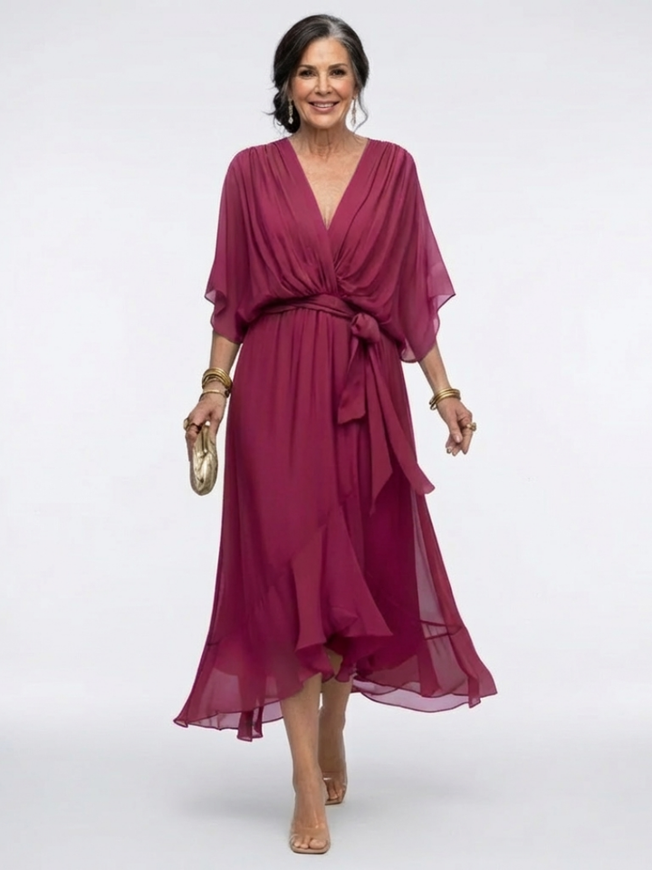 Elysia | Midi Dress with V-Neck and Draped Waist Tie