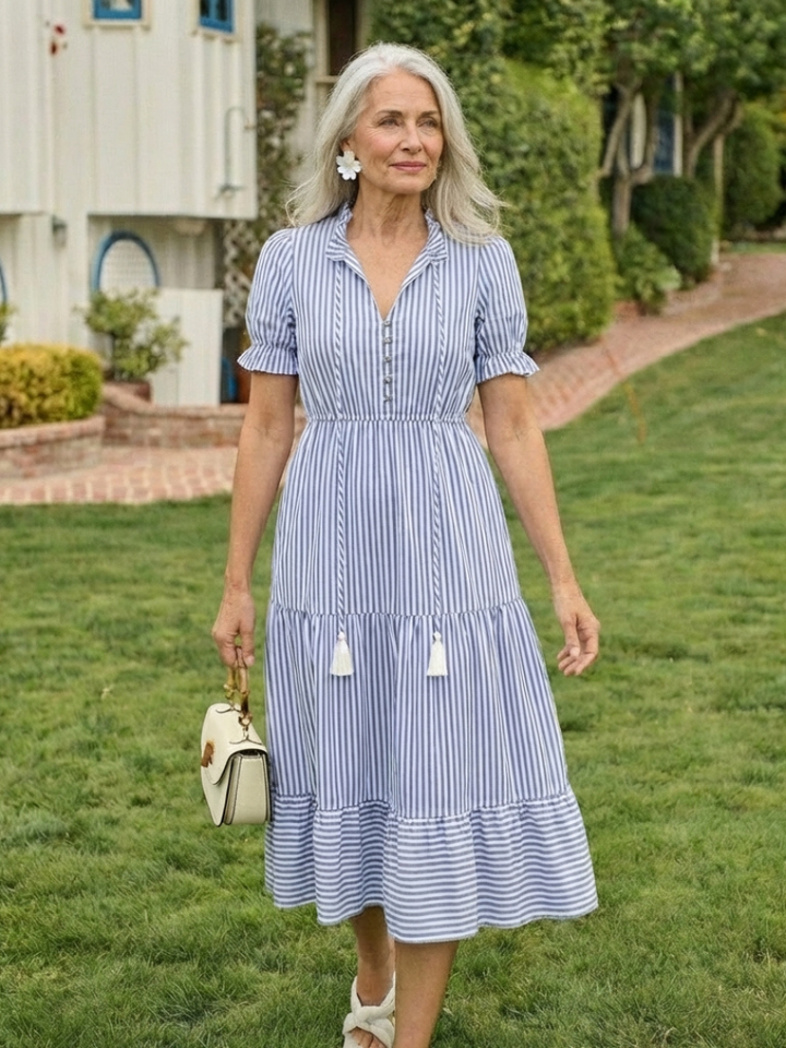 Dakota | Striped Tiered Midi Dress with Short Sleeves
